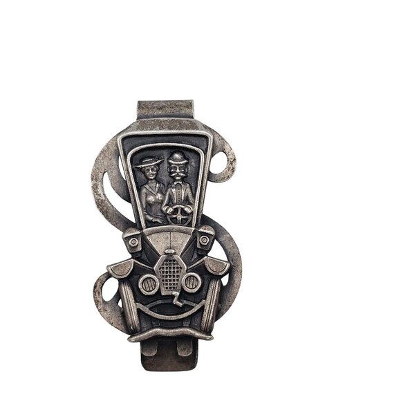 VTG Money Clip Pewter Silver Romantic Couple Old Automobile Belt Pocket Gift - Picture 2 of 11